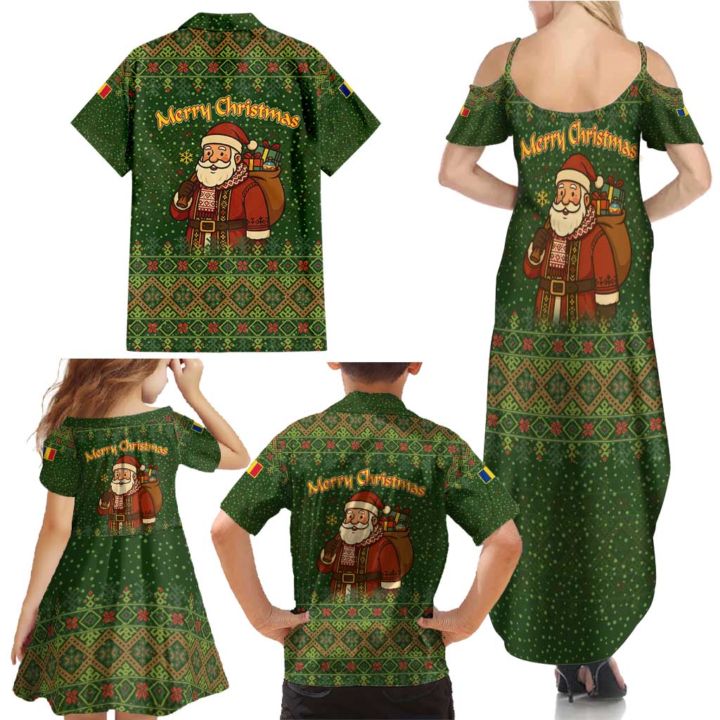 Romania Christmas Family Matching Summer Maxi Dress and Hawaiian Shirt with Map Tricolor Flag Golden Eagle and Santa Motif - Wonder Print Shop