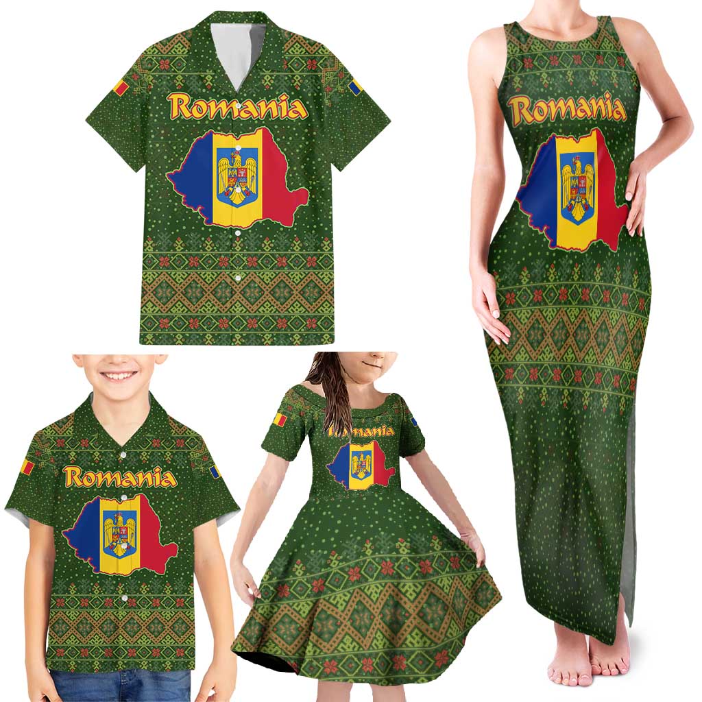 Romania Christmas Family Matching Tank Maxi Dress and Hawaiian Shirt with Map Tricolor Flag Golden Eagle and Santa Motif - Wonder Print Shop