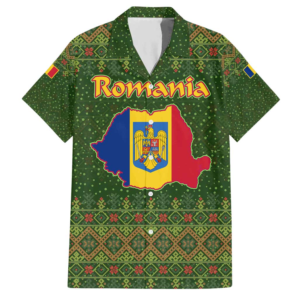 Romania Christmas Hawaiian Shirt with Map Tricolor Flag Golden Eagle and Santa Motif - Wonder Print Shop