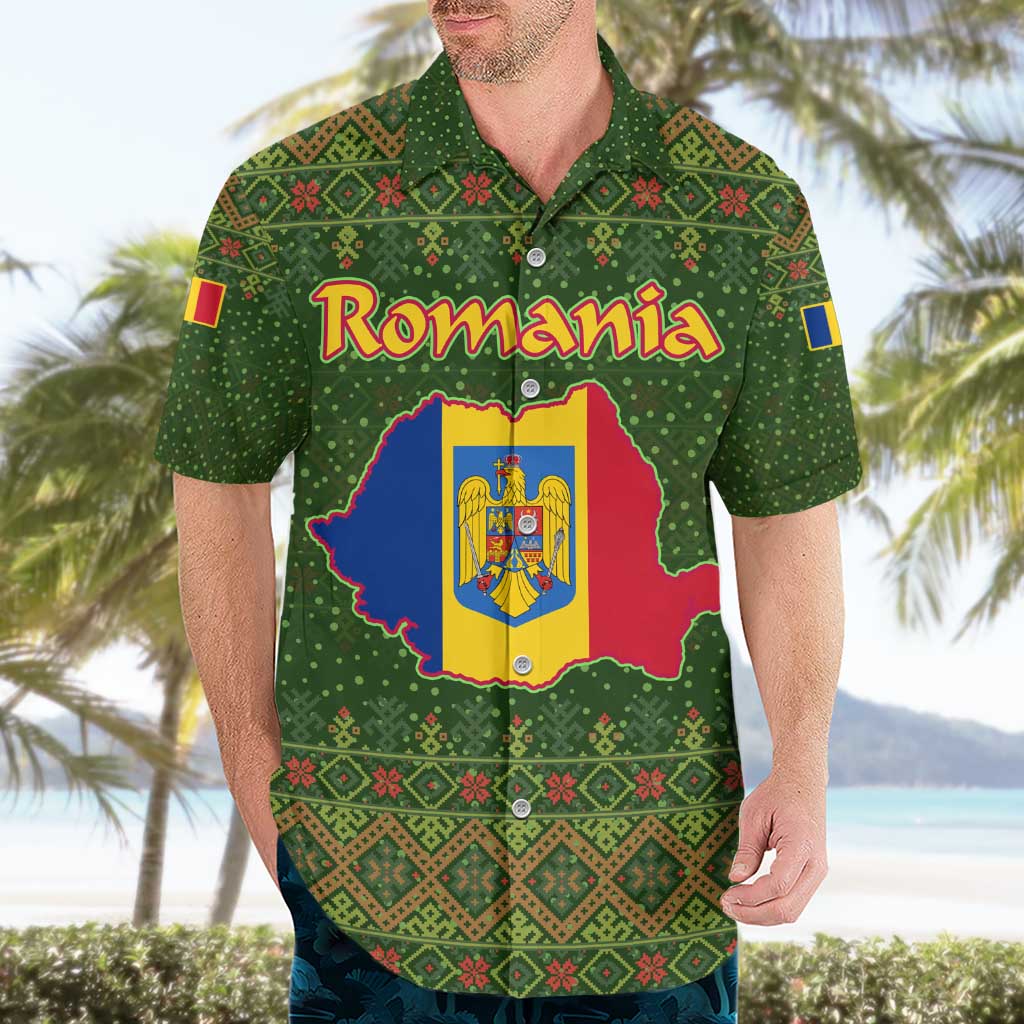 Romania Christmas Hawaiian Shirt with Map Tricolor Flag Golden Eagle and Santa Motif - Wonder Print Shop