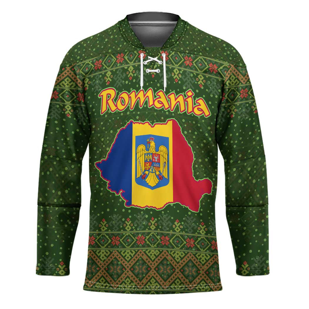 Romania Christmas Hockey Jersey with Map Tricolor Flag Golden Eagle and Santa Motif - Wonder Print Shop