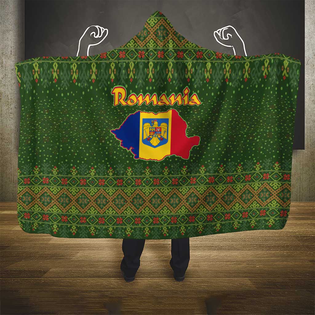Romania Christmas Hooded Blanket with Map Tricolor Flag Golden Eagle and Santa Motif - Wonder Print Shop