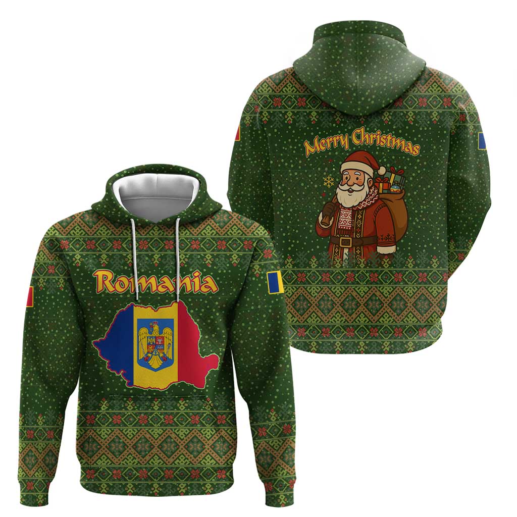 Romania Christmas Hoodie with Map Tricolor Flag Golden Eagle and Santa Motif - Wonder Print Shop