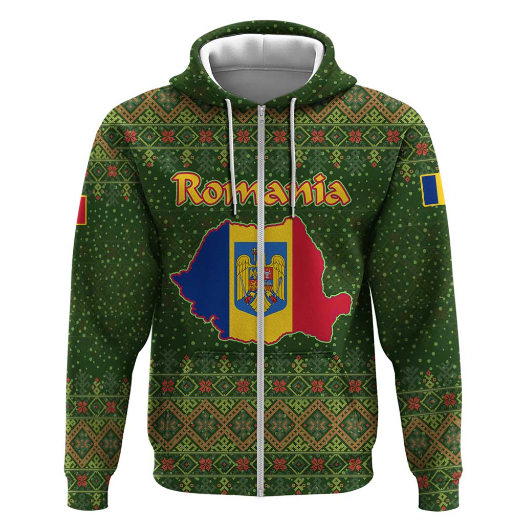 Romania Christmas Hoodie with Map Tricolor Flag Golden Eagle and Santa Motif - Wonder Print Shop
