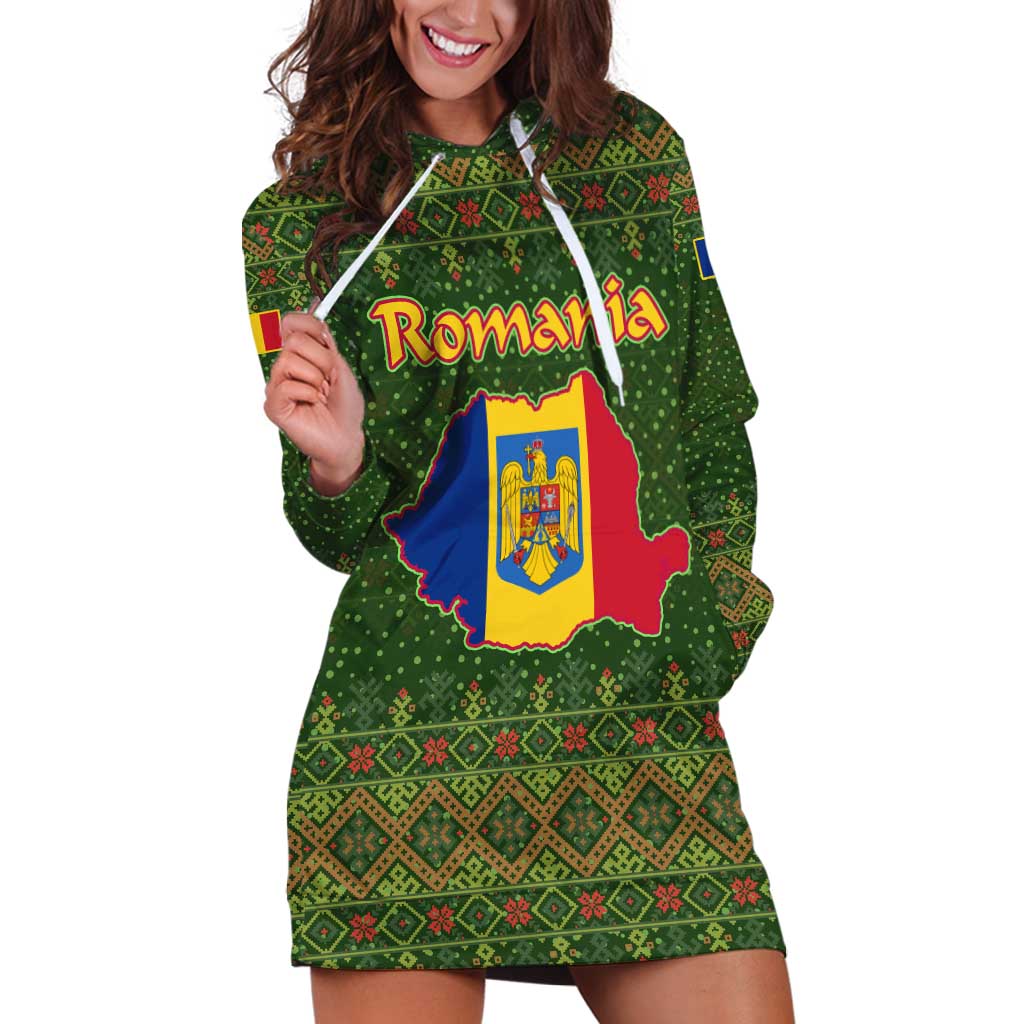 Romania Christmas Hoodie Dress with Map Tricolor Flag Golden Eagle and Santa Motif - Wonder Print Shop
