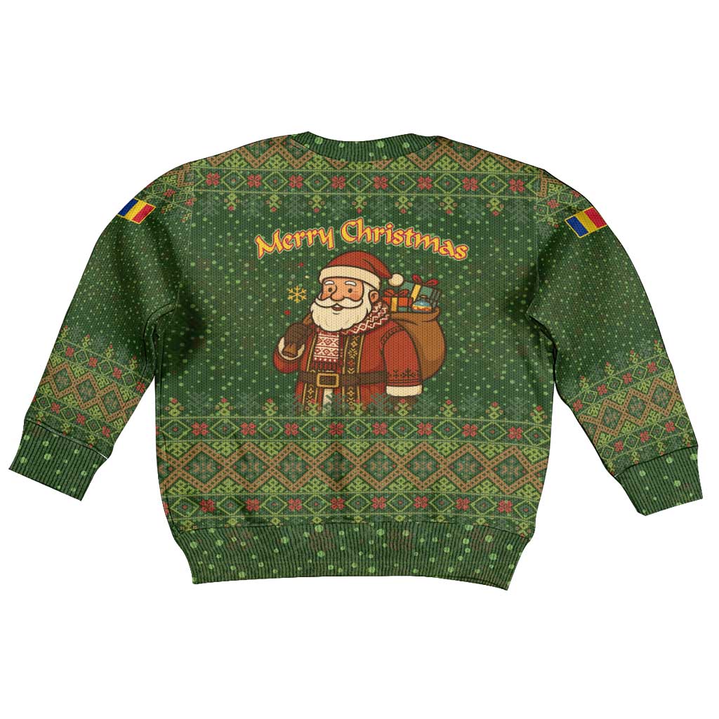 Romania Christmas Kid Ugly Christmas Sweater with Map Tricolor Flag Golden Eagle and Santa Motif - Wonder Print Shop