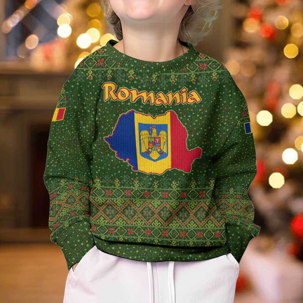 Romania Christmas Kid Ugly Christmas Sweater with Map Tricolor Flag Golden Eagle and Santa Motif - Wonder Print Shop
