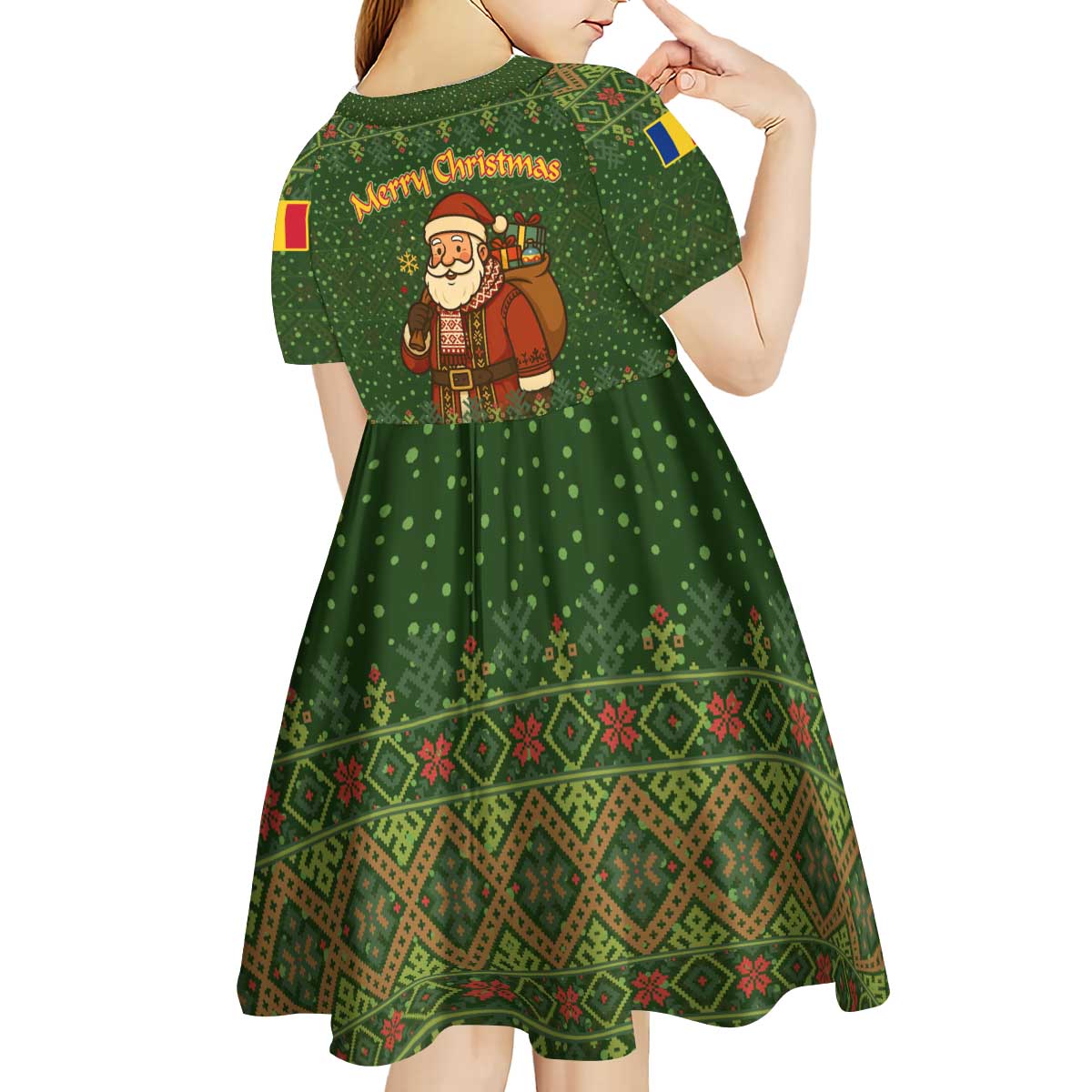 Romania Christmas Kid Short Sleeve Dress with Map Tricolor Flag Golden Eagle and Santa Motif - Wonder Print Shop