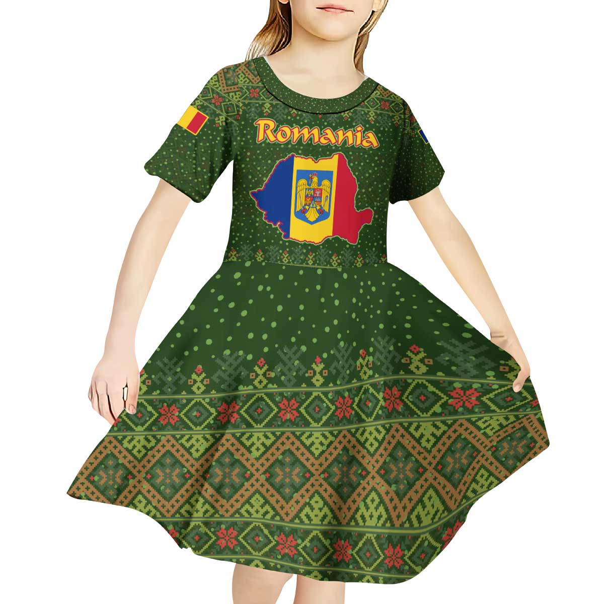 Romania Christmas Kid Short Sleeve Dress with Map Tricolor Flag Golden Eagle and Santa Motif - Wonder Print Shop