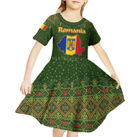 Romania Christmas Kid Short Sleeve Dress with Map Tricolor Flag Golden Eagle and Santa Motif - Wonder Print Shop