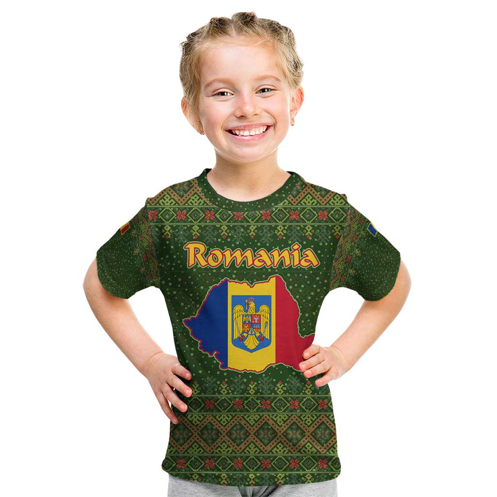 Romania Christmas Kid T Shirt with Map Tricolor Flag Golden Eagle and Santa Motif - Wonder Print Shop