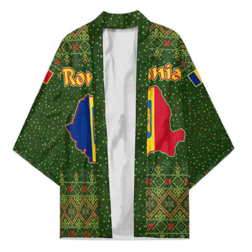 Romania Christmas Kimono with Map Tricolor Flag Golden Eagle and Santa Motif - Wonder Print Shop