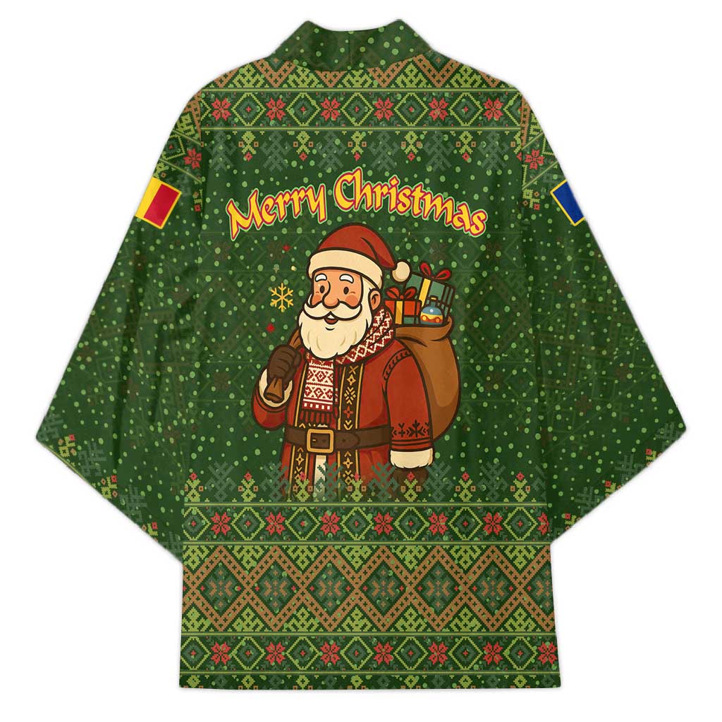 Romania Christmas Kimono with Map Tricolor Flag Golden Eagle and Santa Motif - Wonder Print Shop