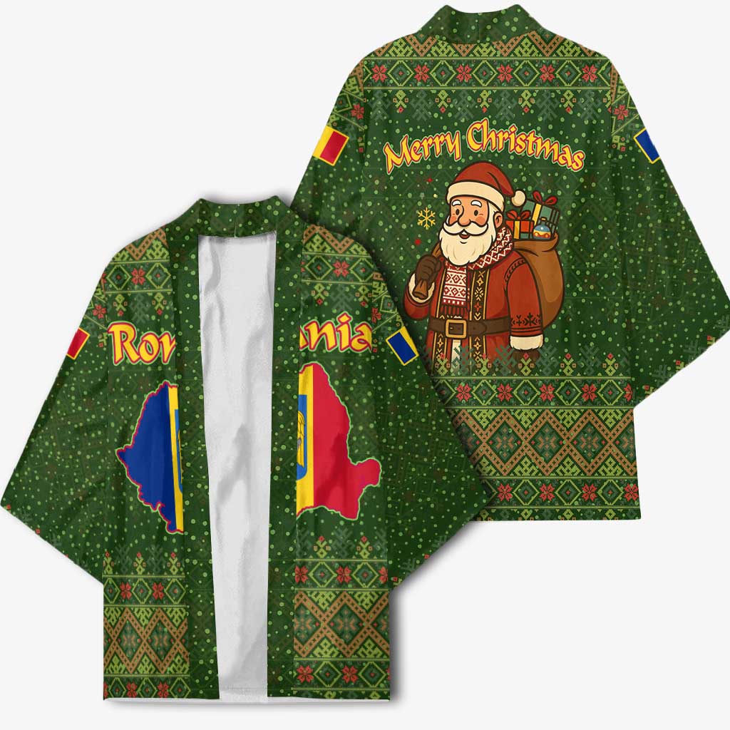 Romania Christmas Kimono with Map Tricolor Flag Golden Eagle and Santa Motif - Wonder Print Shop