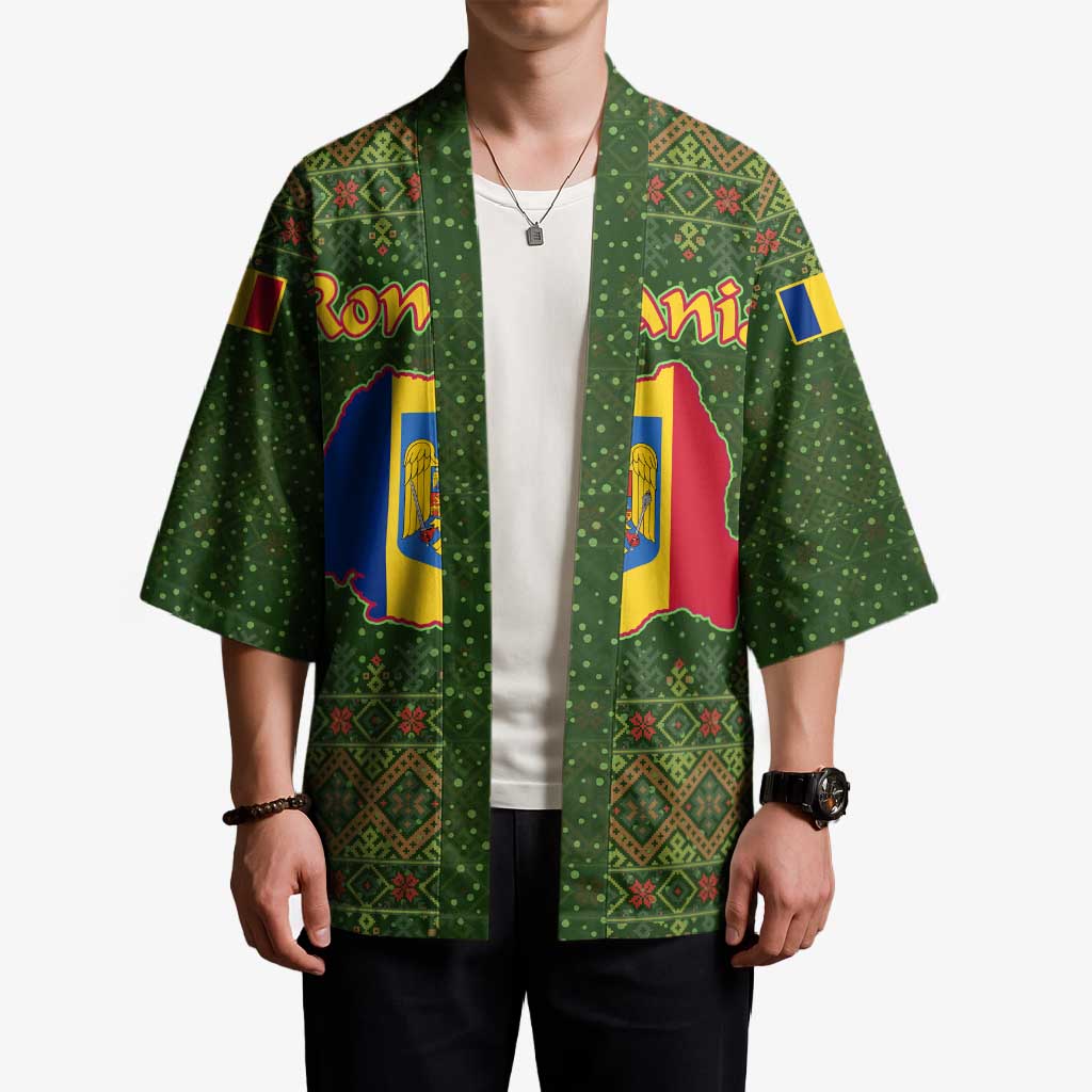 Romania Christmas Kimono with Map Tricolor Flag Golden Eagle and Santa Motif - Wonder Print Shop