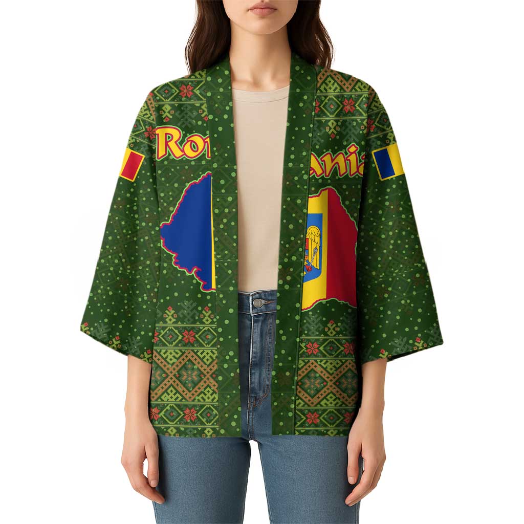Romania Christmas Kimono with Map Tricolor Flag Golden Eagle and Santa Motif - Wonder Print Shop