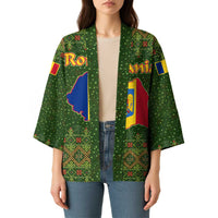 Romania Christmas Kimono with Map Tricolor Flag Golden Eagle and Santa Motif - Wonder Print Shop