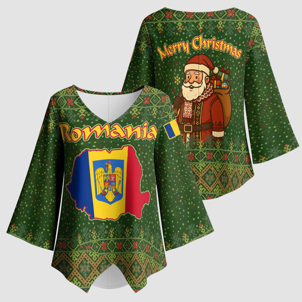 Romania Christmas Kimono Sleeve Blouse with Map Tricolor Flag Golden Eagle and Santa Motif - Wonder Print Shop