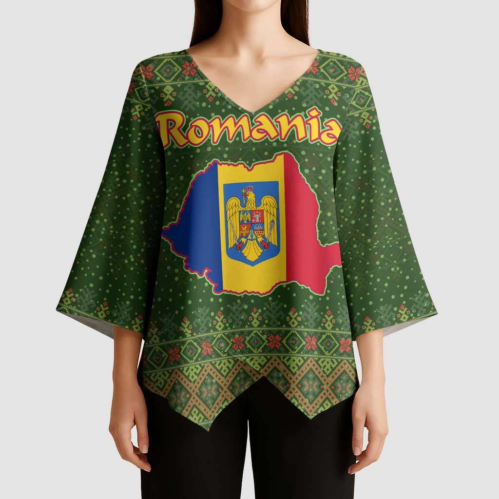 Romania Christmas Kimono Sleeve Blouse with Map Tricolor Flag Golden Eagle and Santa Motif - Wonder Print Shop