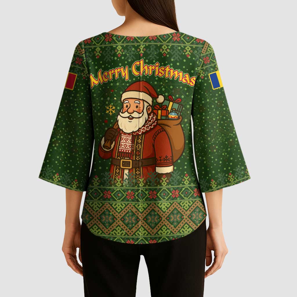 Romania Christmas Kimono Sleeve Blouse with Map Tricolor Flag Golden Eagle and Santa Motif - Wonder Print Shop