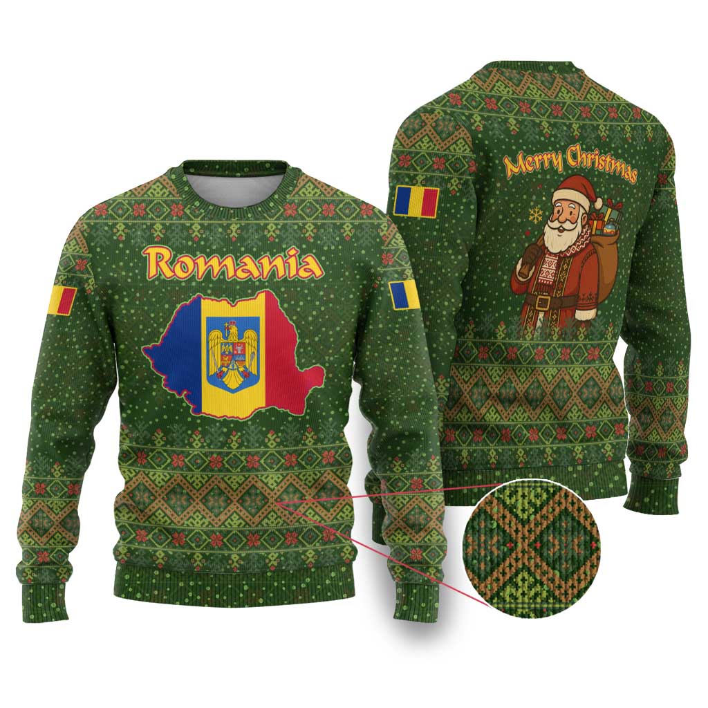 Romania Christmas Ugly Christmas Sweater with Map Tricolor Flag Golden Eagle and Santa Motif - Wonder Print Shop
