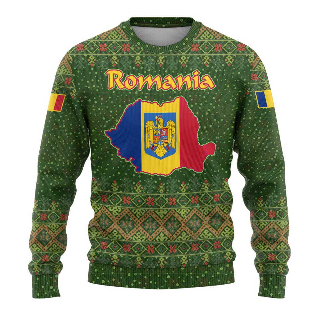 Romania Christmas Ugly Christmas Sweater with Map Tricolor Flag Golden Eagle and Santa Motif - Wonder Print Shop