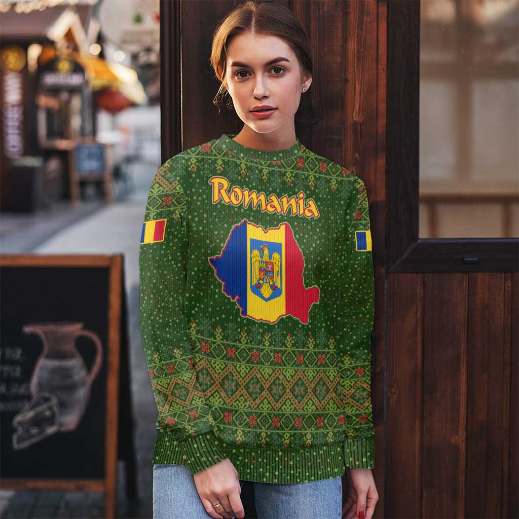 Romania Christmas Ugly Christmas Sweater with Map Tricolor Flag Golden Eagle and Santa Motif - Wonder Print Shop