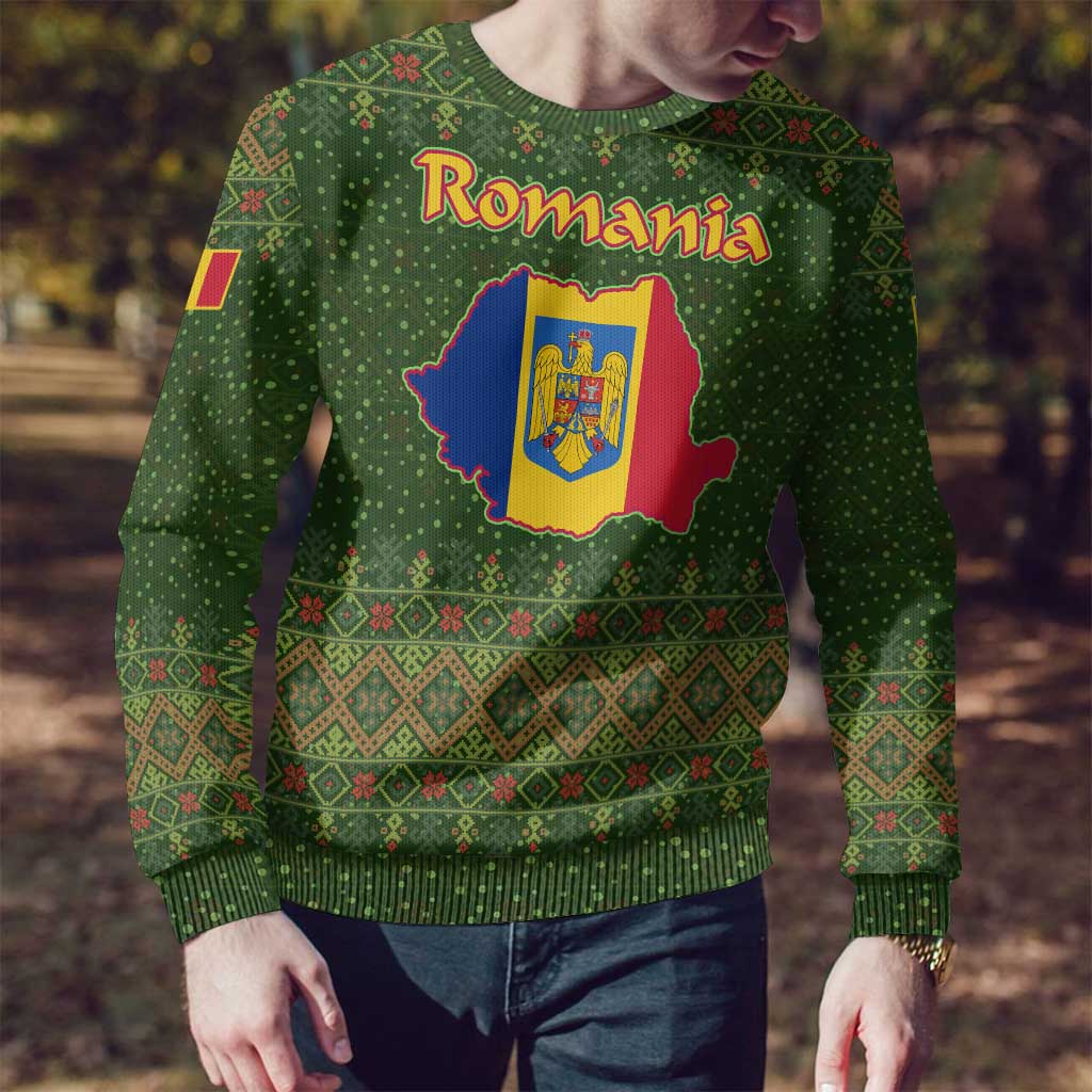 Romania Christmas Ugly Christmas Sweater with Map Tricolor Flag Golden Eagle and Santa Motif - Wonder Print Shop