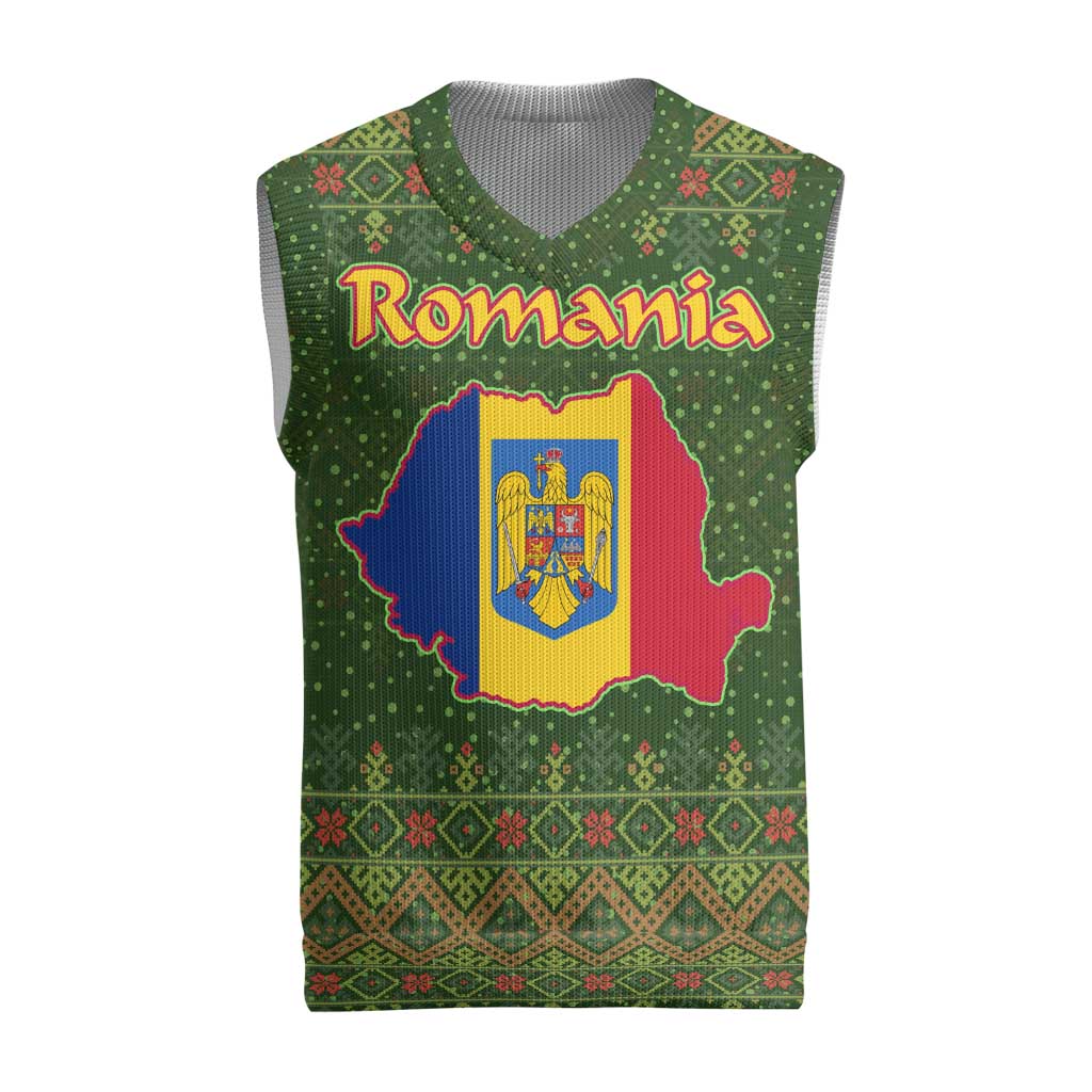 Romania Christmas Knitted V-Neck Vest with Map Tricolor Flag Golden Eagle and Santa Motif - Wonder Print Shop