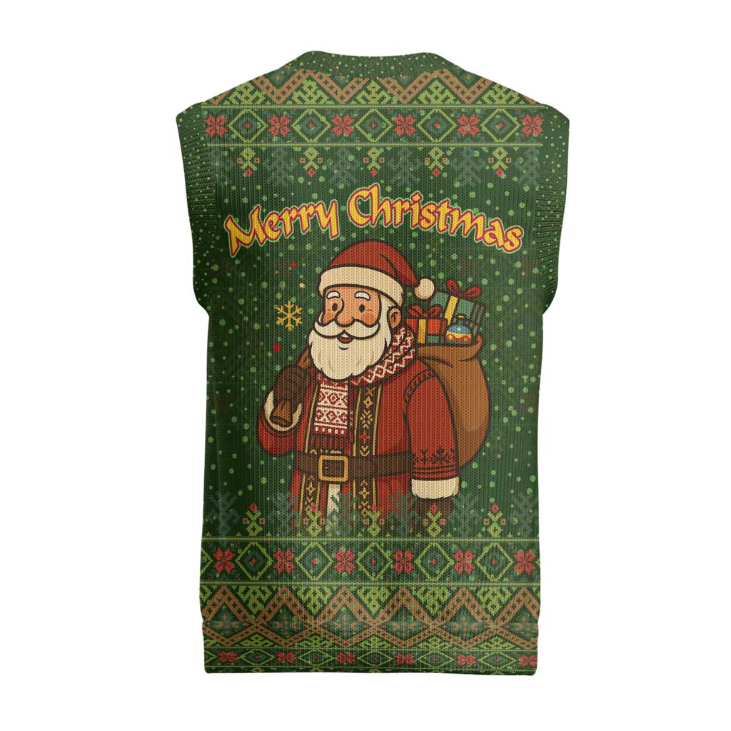 Romania Christmas Knitted V-Neck Vest with Map Tricolor Flag Golden Eagle and Santa Motif - Wonder Print Shop