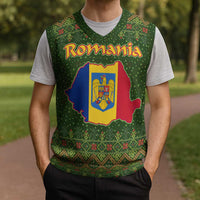 Romania Christmas Knitted V-Neck Vest with Map Tricolor Flag Golden Eagle and Santa Motif - Wonder Print Shop