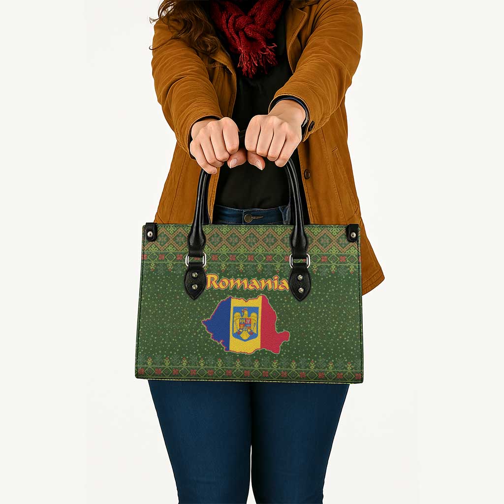 Romania Christmas Leather Bag with Map Tricolor Flag Golden Eagle and Santa Motif - Wonder Print Shop