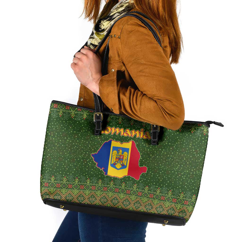 Romania Christmas Leather Tote Bag with Map Tricolor Flag Golden Eagle and Santa Motif - Wonder Print Shop