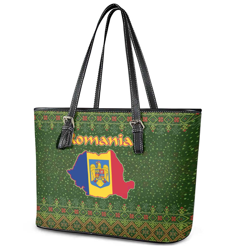 Romania Christmas Leather Tote Bag with Map Tricolor Flag Golden Eagle and Santa Motif - Wonder Print Shop