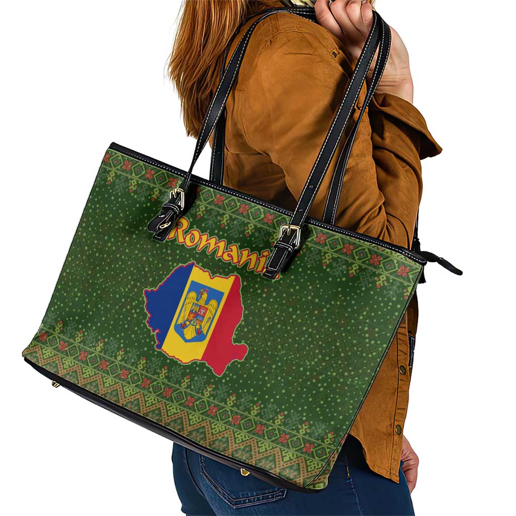 Romania Christmas Leather Tote Bag with Map Tricolor Flag Golden Eagle and Santa Motif - Wonder Print Shop
