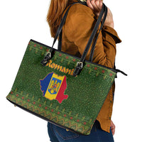 Romania Christmas Leather Tote Bag with Map Tricolor Flag Golden Eagle and Santa Motif - Wonder Print Shop