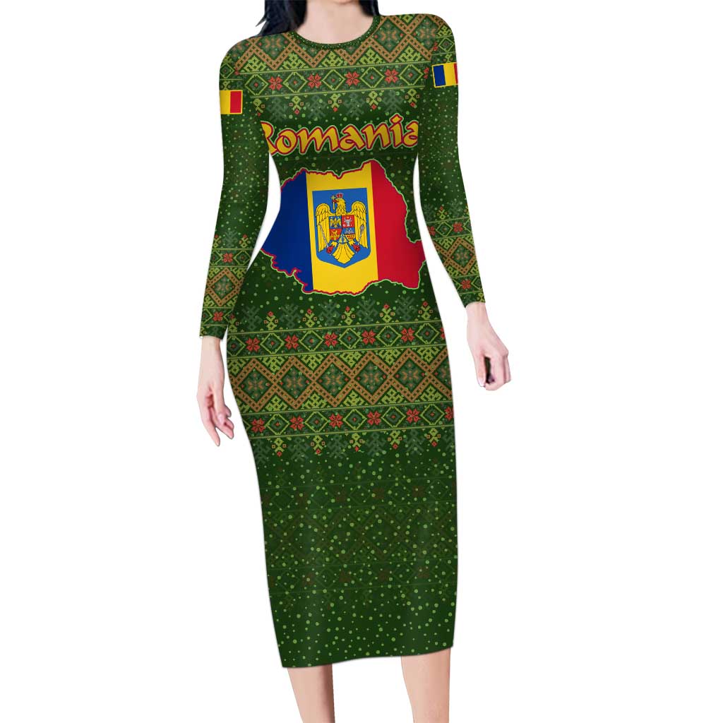 Romania Christmas Long Sleeve Bodycon Dress with Map Tricolor Flag Golden Eagle and Santa Motif - Wonder Print Shop