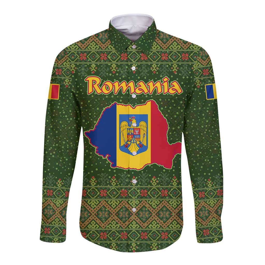 Romania Christmas Long Sleeve Button Shirt with Map Tricolor Flag Golden Eagle and Santa Motif - Wonder Print Shop