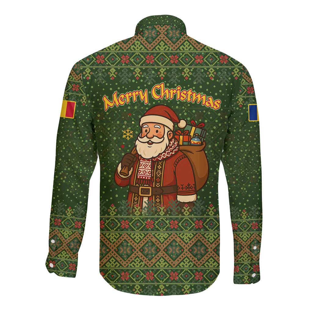 Romania Christmas Long Sleeve Button Shirt with Map Tricolor Flag Golden Eagle and Santa Motif - Wonder Print Shop