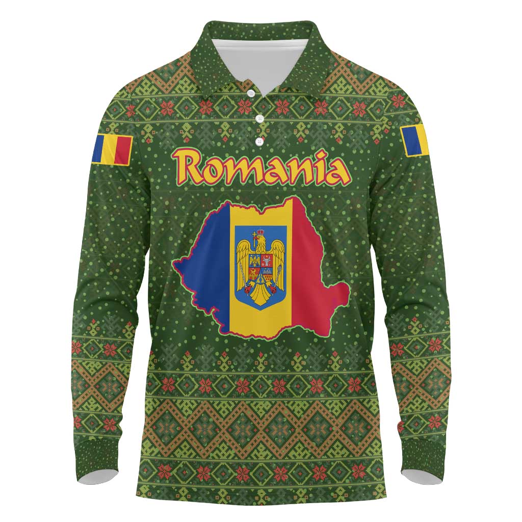 Romania Christmas Long Sleeve Polo Shirt with Map Tricolor Flag Golden Eagle and Santa Motif - Wonder Print Shop