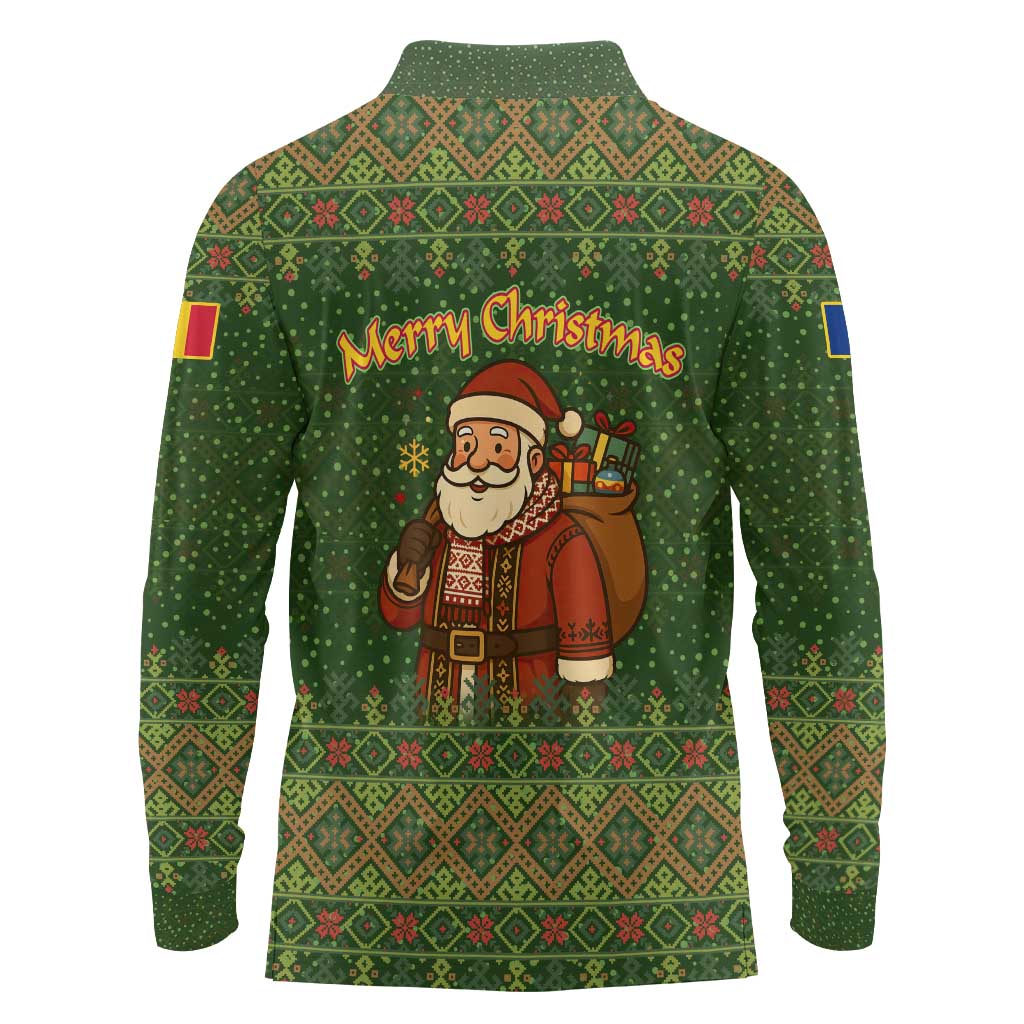 Romania Christmas Long Sleeve Polo Shirt with Map Tricolor Flag Golden Eagle and Santa Motif - Wonder Print Shop