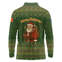 Romania Christmas Long Sleeve Polo Shirt with Map Tricolor Flag Golden Eagle and Santa Motif - Wonder Print Shop