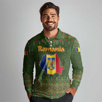 Romania Christmas Long Sleeve Polo Shirt with Map Tricolor Flag Golden Eagle and Santa Motif - Wonder Print Shop