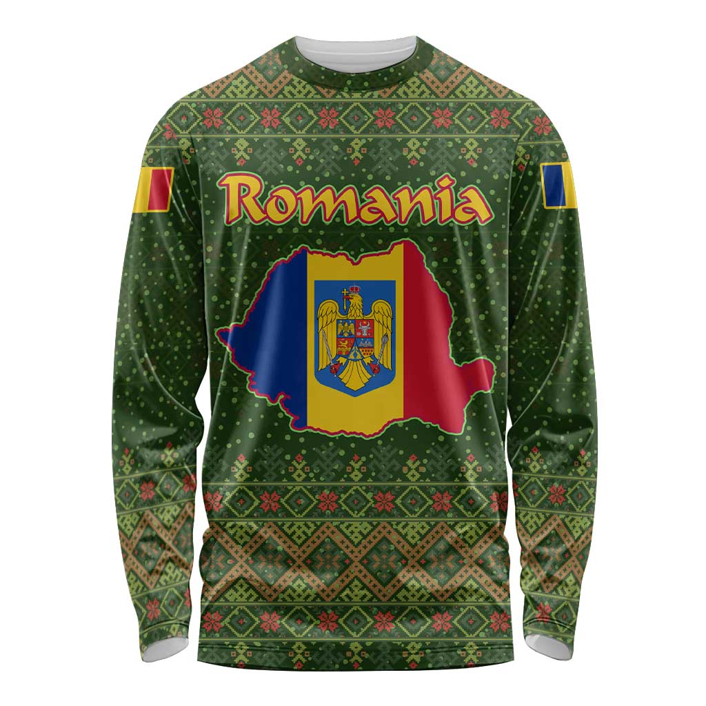 Romania Christmas Long Sleeve Shirt with Map Tricolor Flag Golden Eagle and Santa Motif - Wonder Print Shop