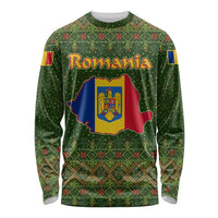 Romania Christmas Long Sleeve Shirt with Map Tricolor Flag Golden Eagle and Santa Motif - Wonder Print Shop