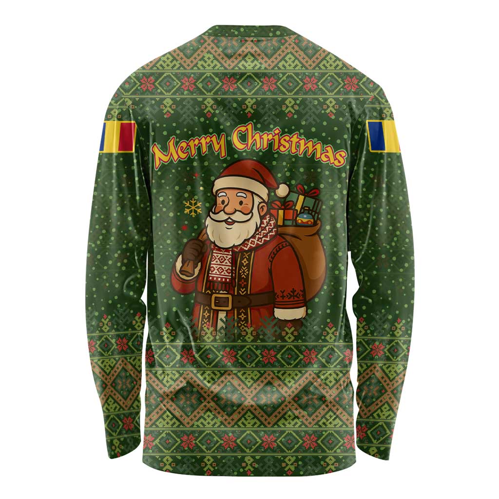 Romania Christmas Long Sleeve Shirt with Map Tricolor Flag Golden Eagle and Santa Motif - Wonder Print Shop
