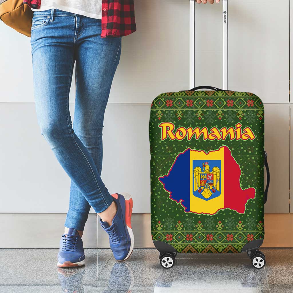 Romania Christmas Luggage Cover with Map Tricolor Flag Golden Eagle and Santa Motif - Wonder Print Shop