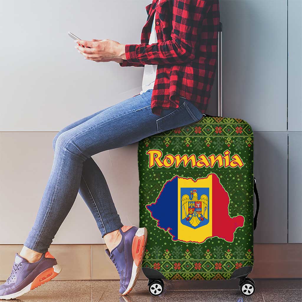 Romania Christmas Luggage Cover with Map Tricolor Flag Golden Eagle and Santa Motif - Wonder Print Shop