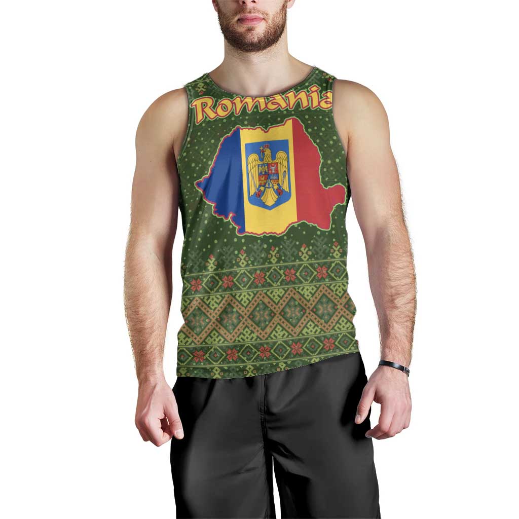 Romania Christmas Men Tank Top with Map Tricolor Flag Golden Eagle and Santa Motif - Wonder Print Shop
