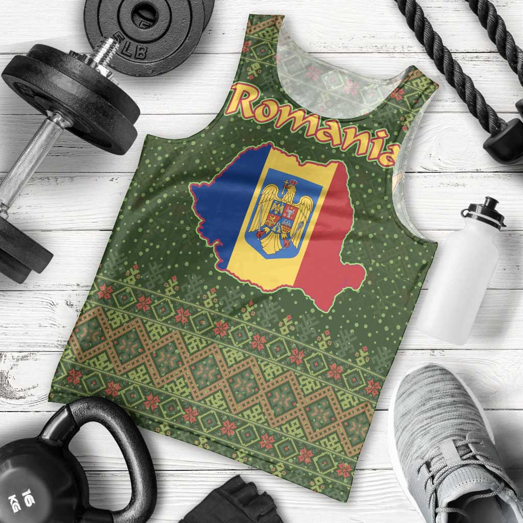 Romania Christmas Men Tank Top with Map Tricolor Flag Golden Eagle and Santa Motif - Wonder Print Shop